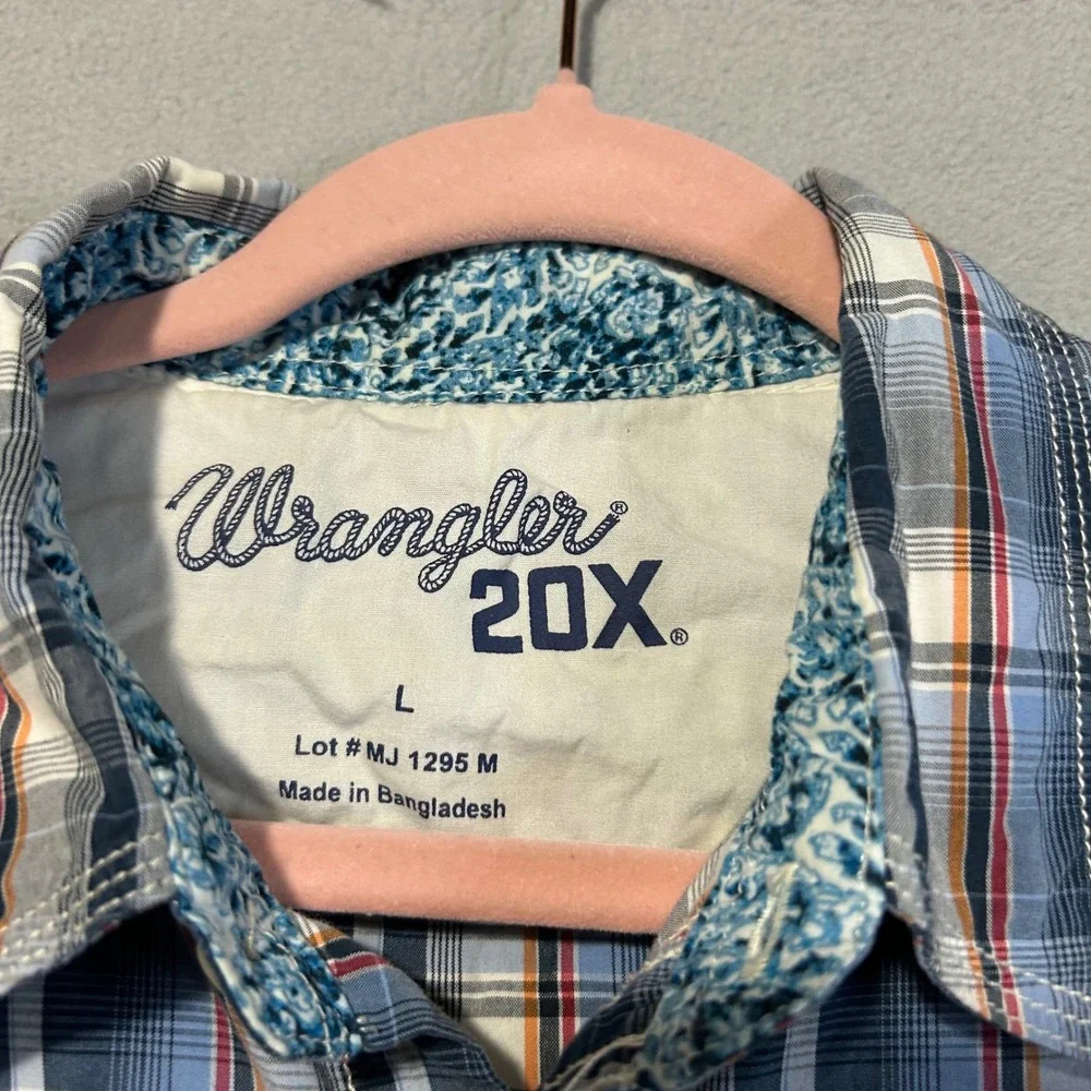 Wrangler‎ 20X Mens Large Western Snap Shirt Blue Plaid Cowboy Rodeo Pearl